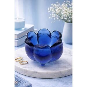 Blue Art Glass Bowl | Flower Shaped | Hand Blown Style | 4” Decorative Catchall